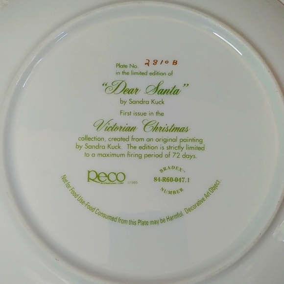 Limited Edition Victorian Christmas Dear Santa Numbered Decorative Plate - Picture 4 of 4